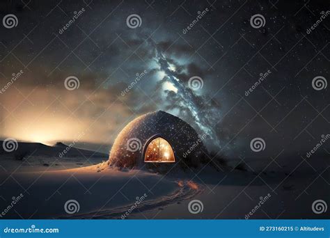 Night Sky and Semicircular Snow Igloo with Small Entrance Stock Illustration - Illustration of ...