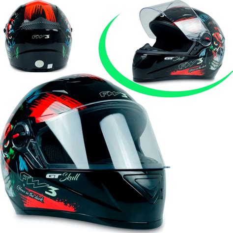 Capacete Moto Fechado Fw3 Gt Skull Caveira Brilha No Escuro Lançamento