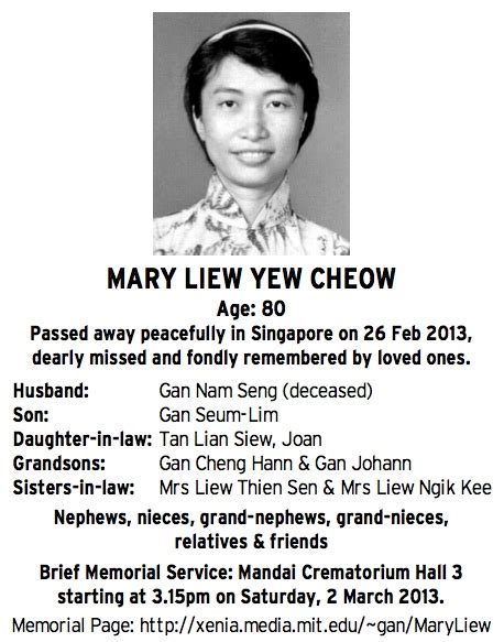 Mary Liew Yew Cheow Memorial Web Page: Obituary