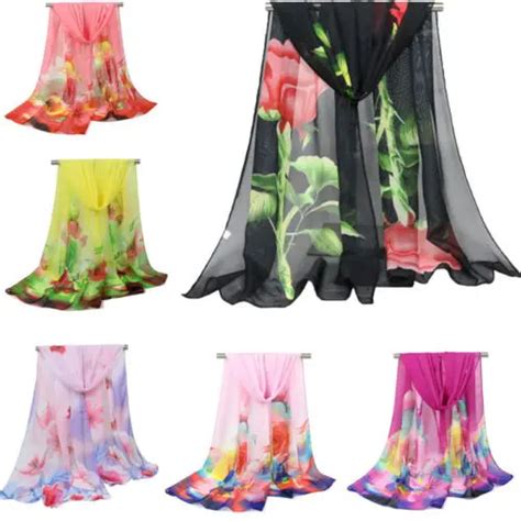 New Women Long Soft Wraps Shawl Rose Flower Print Chiffon Scarf Floral