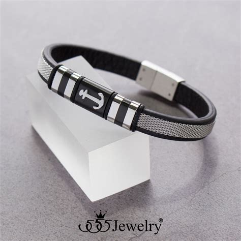 Jewelry Braided Stainless Steel Black Leather Anchor Bracelet For