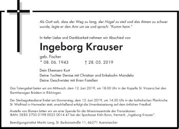 Traueranzeigen Von Ingeborg Krauser Saarbruecker Zeitung Trauer De