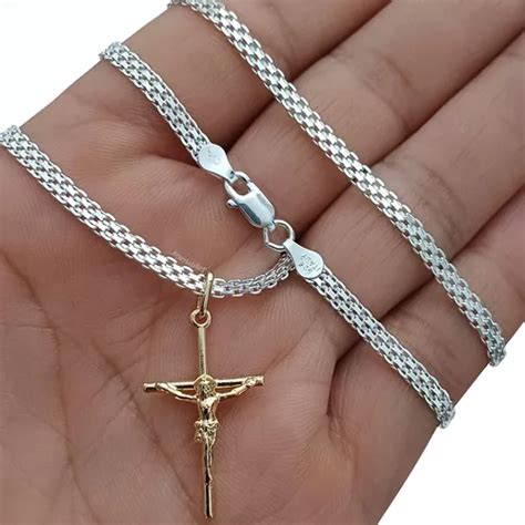 Dije De Cruz Cristo Oro Laminado Y Cadena Tejido Chino Plata Envío gratis