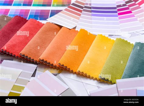 Fabric Samples On Paint Color Palettes Closeup Stock Photo Alamy