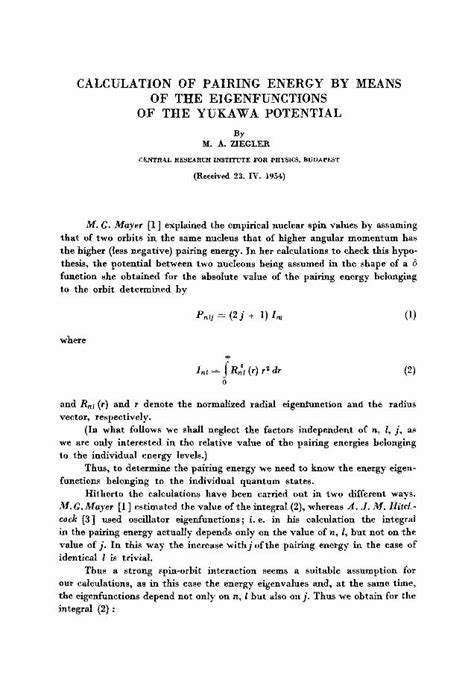 Pdf Calculation Of Pairing Energy By Means Of The Eigenfunctions Of