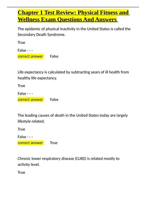 Chapter 1 Test Review Physical Fitness and Wellness Exam Questions And