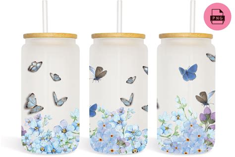 Blue Flowers Butterfly Oz Libbey Glass Graphic By Sasikharn