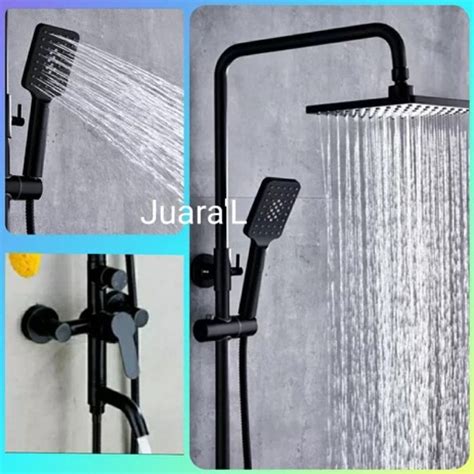 Jual Shower Tiang Column Set Hitam Kotak Kran Mixer Panas Dingin