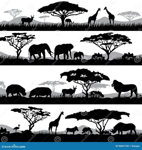 Wild African Life. Background Silhouettes of Different Animals and