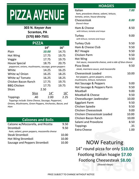 Pizza Avenue Menu In Scranton Pennsylvania Usa