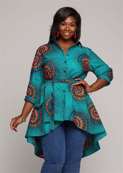 Tumela African Print High Low Button Up Shirt Turquoise Orange Swirls