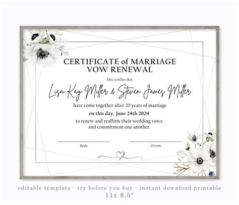 VOW RENEWAL CERTIFICATE Marriage Renew Editable Template Printable