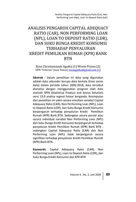 Pdf Analisis Pengaruh Capital Adequacy Ratio Car Non Performing