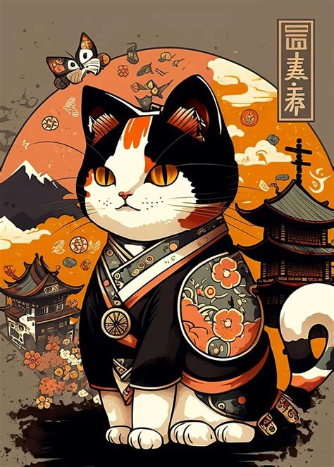 Cat Japanese Poster Picture Metal Print Paint By Rida Santos