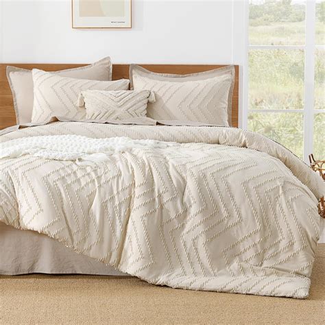 Litanika Beige Comforter Set King Size 3 Pieces Boho Summer Chevron Tufted Bedding Set