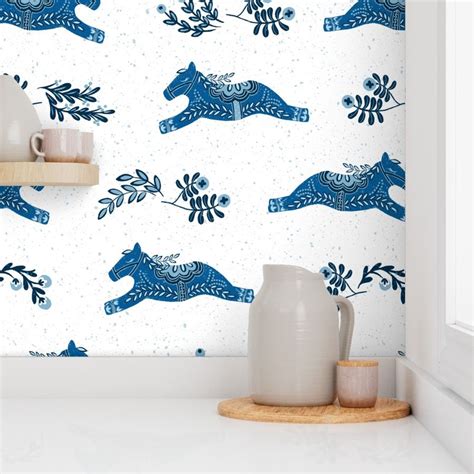 Leaping Dalas Folk Art Style Delft Blue Wallpaper Spoonflower