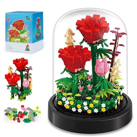 Pcs Red Rose Building Blocks Flower Set Flower Bouquets Building