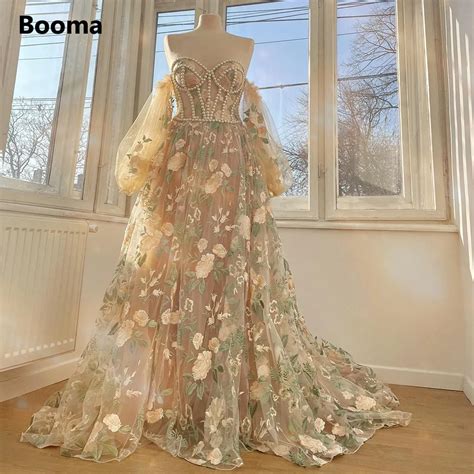 Booma Beige Stickerei Spitze A Linie Prom Kleider Schatz Puff Rmeln