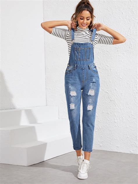 Ripped Pocket Front Denim Overall SHEIN Jumpsuit Outfit Casual