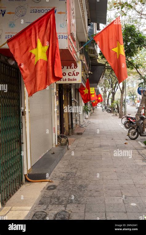 Hanoi Vietnam January 2023 The Vietnamese Flags Hung Along The