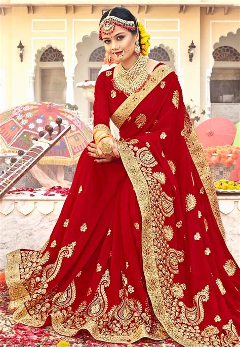 Red Georgette Embroidered Bridal Wear Saree 183855 Indian Bridal