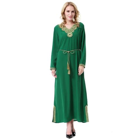 Women Linen Long Sleeve Patch Designs Appliques Hem Split Muslim Abaya