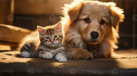 Golden retriever puppy and cut cat, AI Generated 33520378 Stock Photo ...