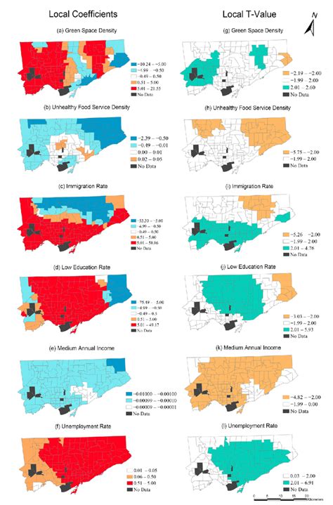 Spatial Variation Of Local Coefficients And T Values Of Gwr Model