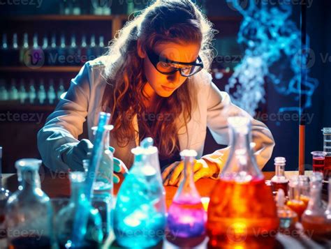 Female scientist conducting experiments in a high tech lab AI