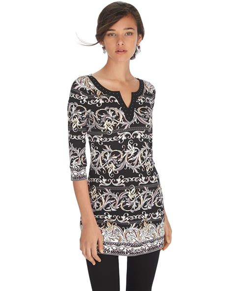 White House Black Market34 Sleeve Notch Neck Printed Tunic Dresses For Work Print Tunic