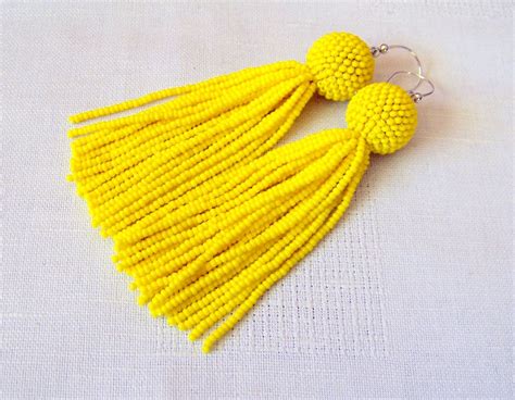 Yellow Beaded Tassel Earrings Bright Sunny Fringe Statement Etsy