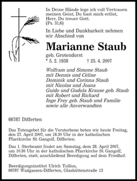 Traueranzeigen Von Marianne Staub Saarbruecker Zeitung Trauer De