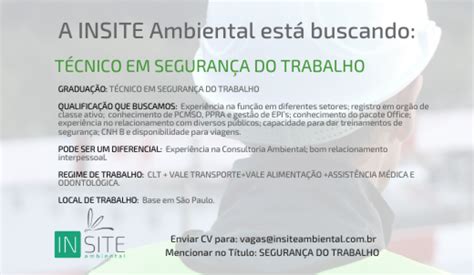 VAGA TÉCNICO DE SEGURANÇA DO TRABALHO INSITE Ambiental O portal