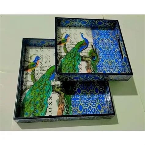 Pine Wood Square Peacock Serving Tray 8 Inch At Rs 850 Set In Sambhal