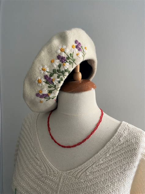 Hand Embroidered 100 Wool Flower French Beret Custom Etsy