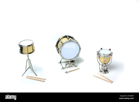 kettle-drum, orchestra snare drum and bass-drum on white background ...