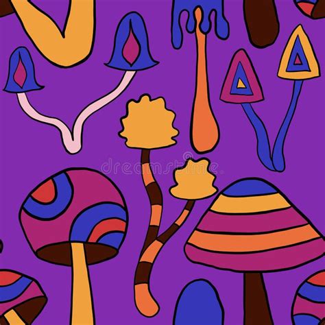 Seamless Hand Drawn Pattern With Hippie Groovy Mushrooms In Orange