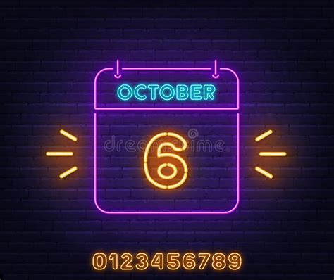 Neon Calendar Sign On Brick Wall Background 6 October Text Stock