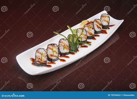 Sushi Rolls On A White Plate Stock Photo Image Of Cuisine Fish 79294642