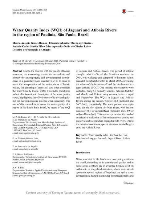 Water Quality Index Wqi Of Jaguari And Atibaia Rivers In The Region