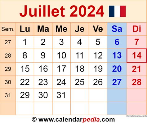 Juillet 2024 Calendrier Bel Rosemary