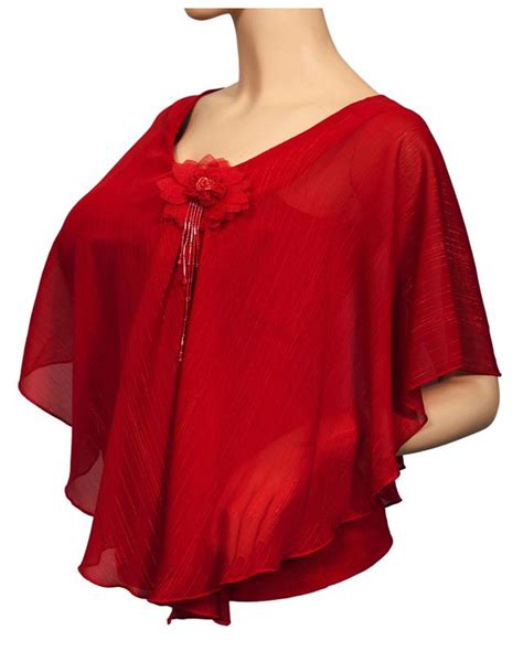 Plus Size Sheer Layered Glitter Poncho Top Red Evogues Apparel