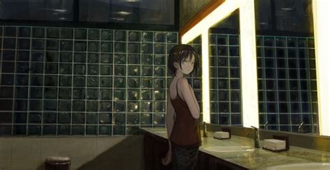 Wallpaper Anime Girls Short Hair Mirror Bathroom Looking At