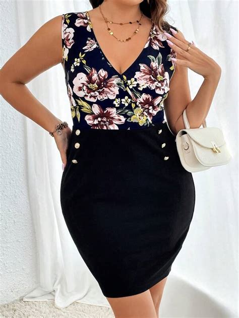 SHEIN Clasi Talla Grande Vestido Ajustado Con Estampado Floral Con