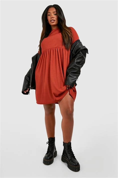 Plus Rib Long Sleeve Basic Smock Dress Boohoo Uk