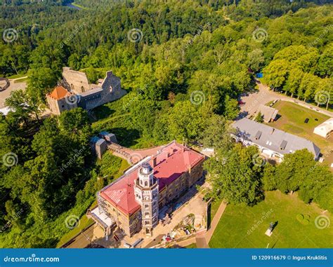 Aerial View On Beautiful Famous New Castle In Sigulda Latvia Editorial