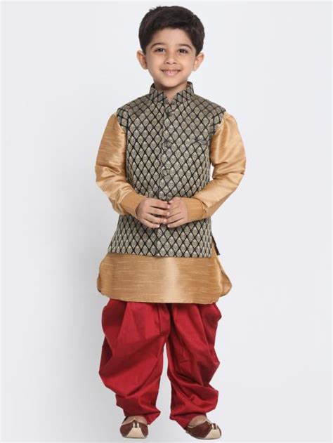 Buy Vastramay Boys Rose Gold And Black Silk Blend Jacket Kurta And