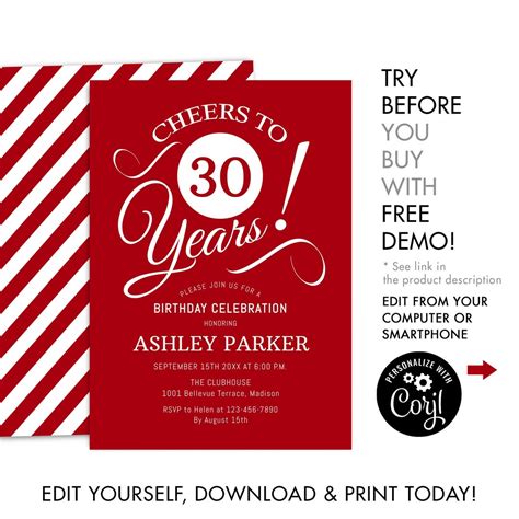 30th Birthday Party Invitation Instant Download Digital Template Diy Any Age Red White