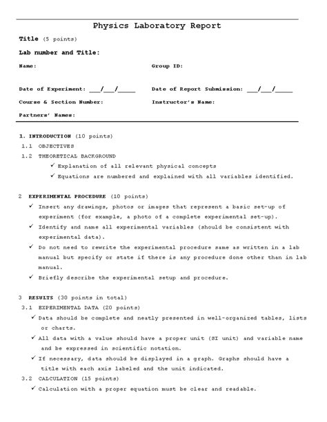 Lab Report Template With Grading Rubric V Physics Laboratory Report