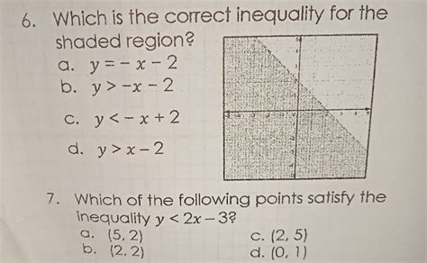 Solved 6 Which Is The Correct Inequality For The Shaded Region A Y